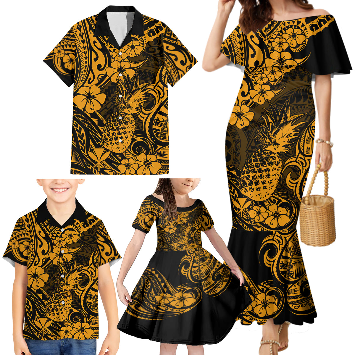 Hawaii Pineapple Family Matching Mermaid Dress and Hawaiian Shirt Paradise Flowers Pacific With Gold Polynesian Tribal LT01 - Polynesian Pride