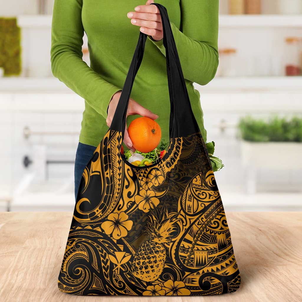 Hawaii Pineapple Grocery Bag Paradise Flowers Pacific With Gold Polynesian Tribal LT01 - Polynesian Pride