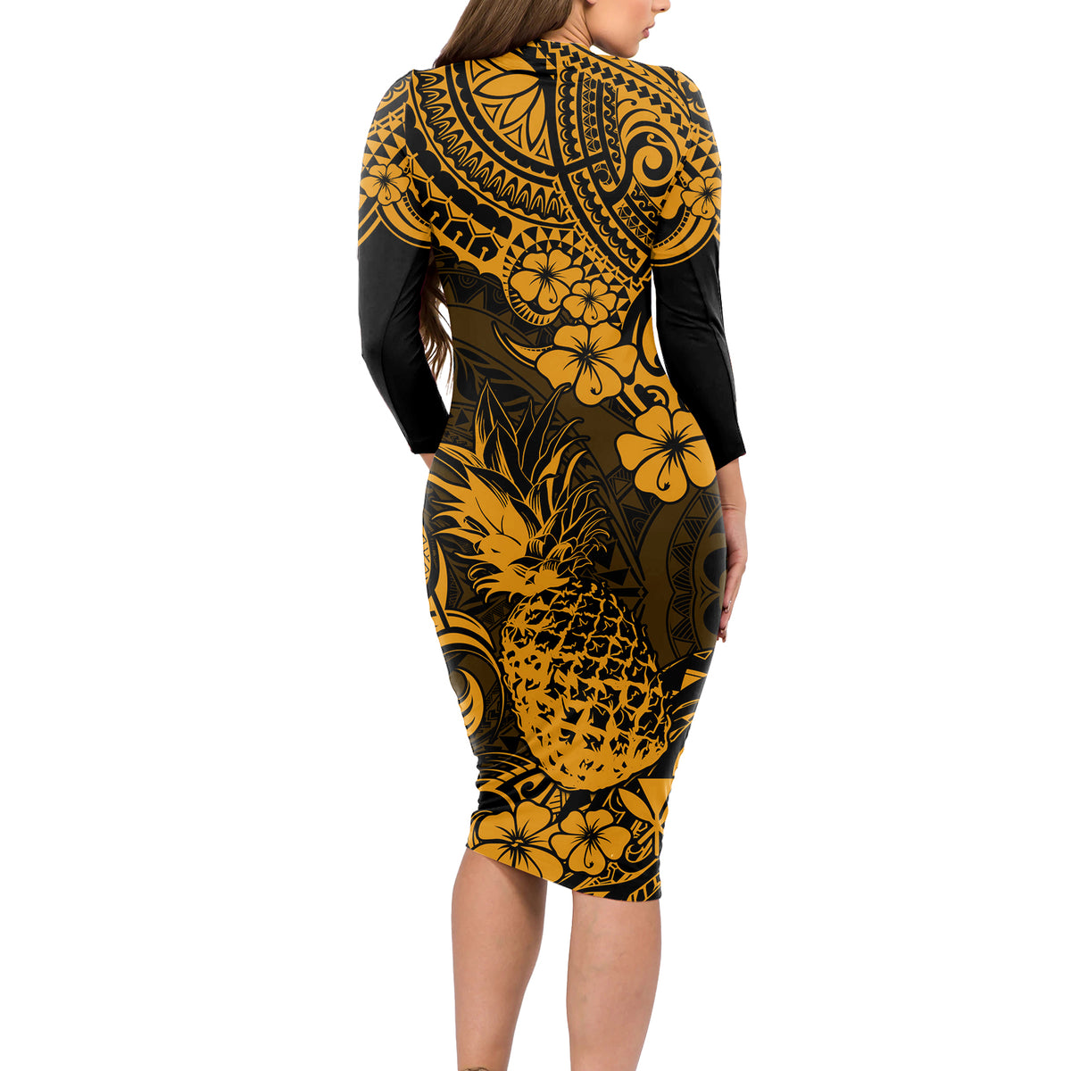 Hawaii Pineapple Long Sleeve Bodycon Dress Paradise Flowers Pacific With Gold Polynesian Tribal LT01 - Polynesian Pride