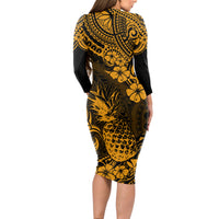 Hawaii Pineapple Long Sleeve Bodycon Dress Paradise Flowers Pacific With Gold Polynesian Tribal LT01 - Polynesian Pride