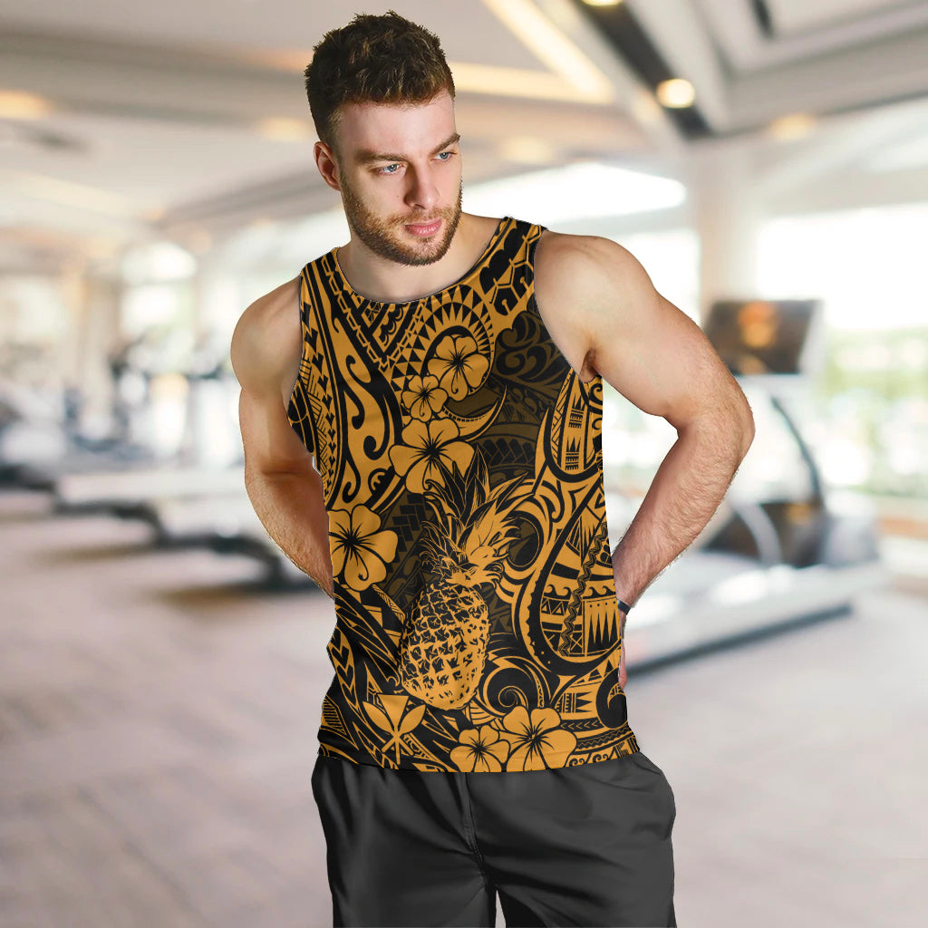 Hawaii Pineapple Men Tank Top Paradise Flowers Pacific With Gold Polynesian Tribal LT01 - Polynesian Pride