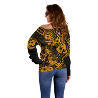 Hawaii Pineapple Off Shoulder Sweater Paradise Flowers Pacific With Gold Polynesian Tribal LT01 - Polynesian Pride
