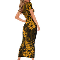 Hawaii Pineapple Short Sleeve Bodycon Dress Paradise Flowers Pacific With Gold Polynesian Tribal LT01 - Polynesian Pride