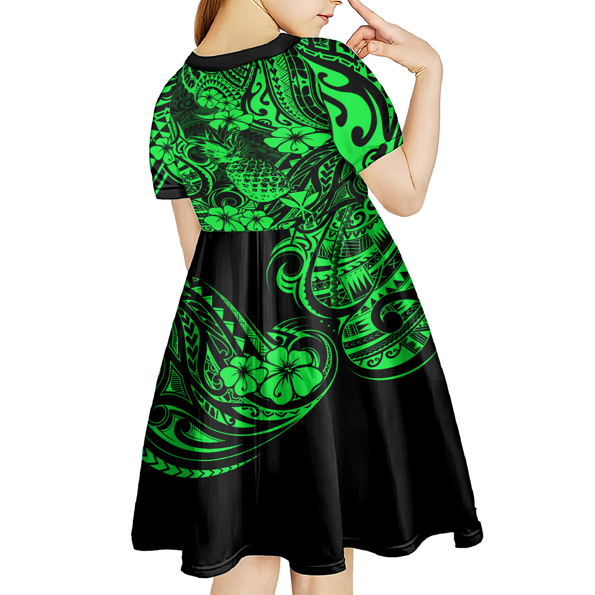 Hawaii Pineapple Kid Short Sleeve Dress Paradise Flowers Pacific With Green Polynesian Tribal LT01 - Polynesian Pride
