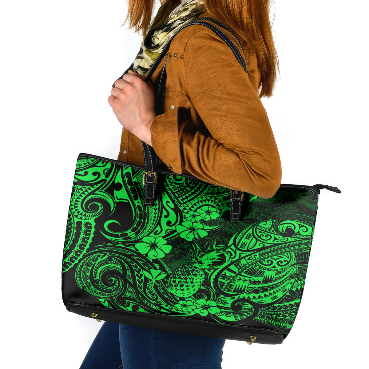 Hawaii Pineapple Leather Tote Bag Paradise Flowers Pacific With Green Polynesian Tribal LT01 Green - Polynesian Pride