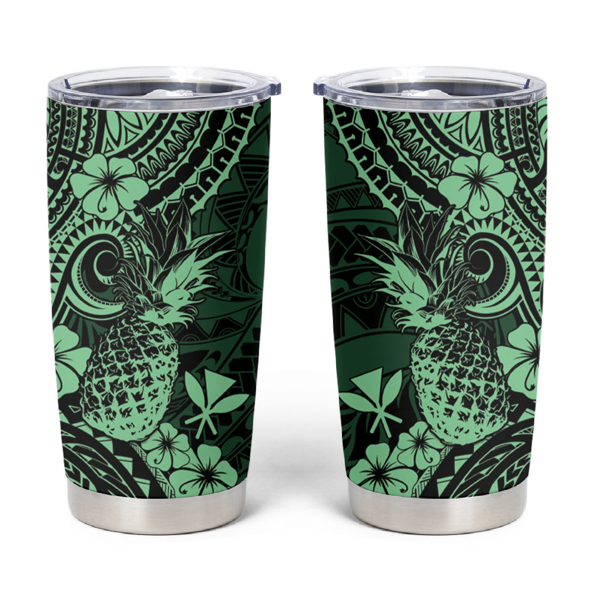 Hawaii Pineapple Tumbler Cup Paradise Flowers Pacific With Green Polynesian Tribal LT01 Green - Polynesian Pride