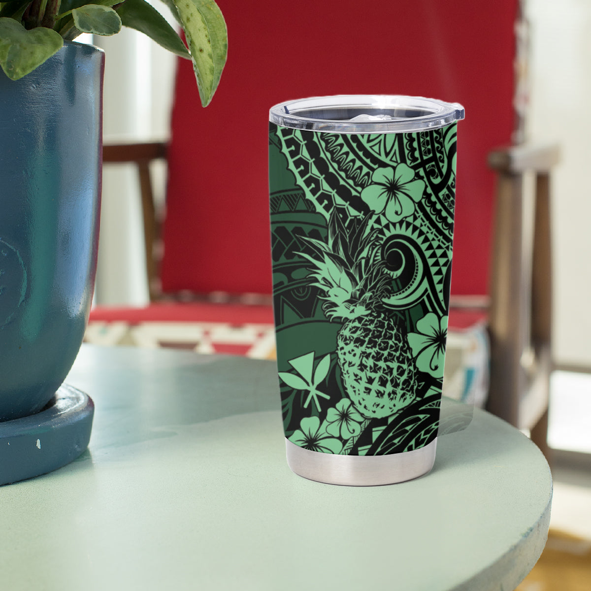 Hawaii Pineapple Tumbler Cup Paradise Flowers Pacific With Green Polynesian Tribal LT01 - Polynesian Pride