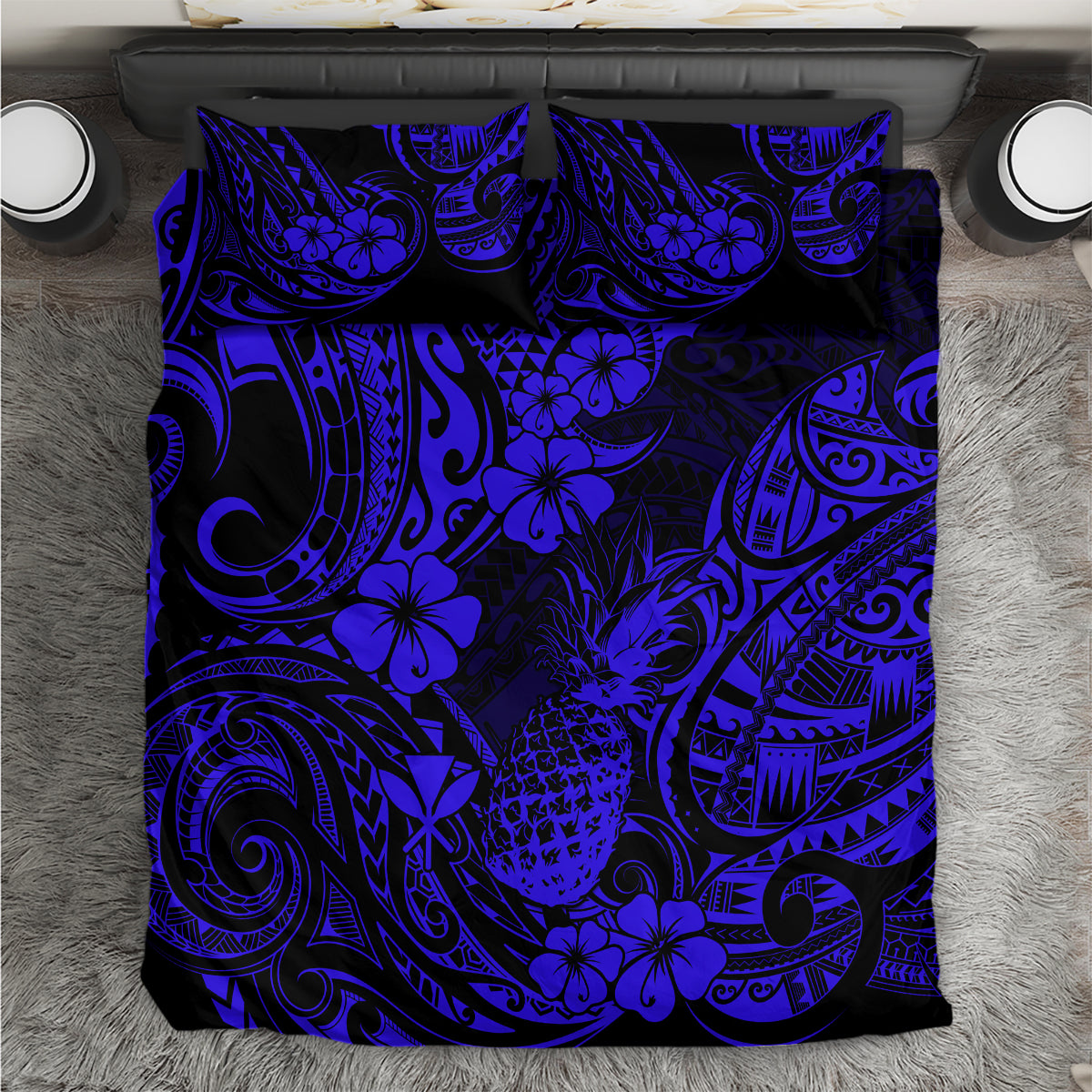 Hawaii Pineapple Bedding Set Paradise Flowers Pacific With Navy Blue Polynesian Tribal LT01 Blue - Polynesian Pride