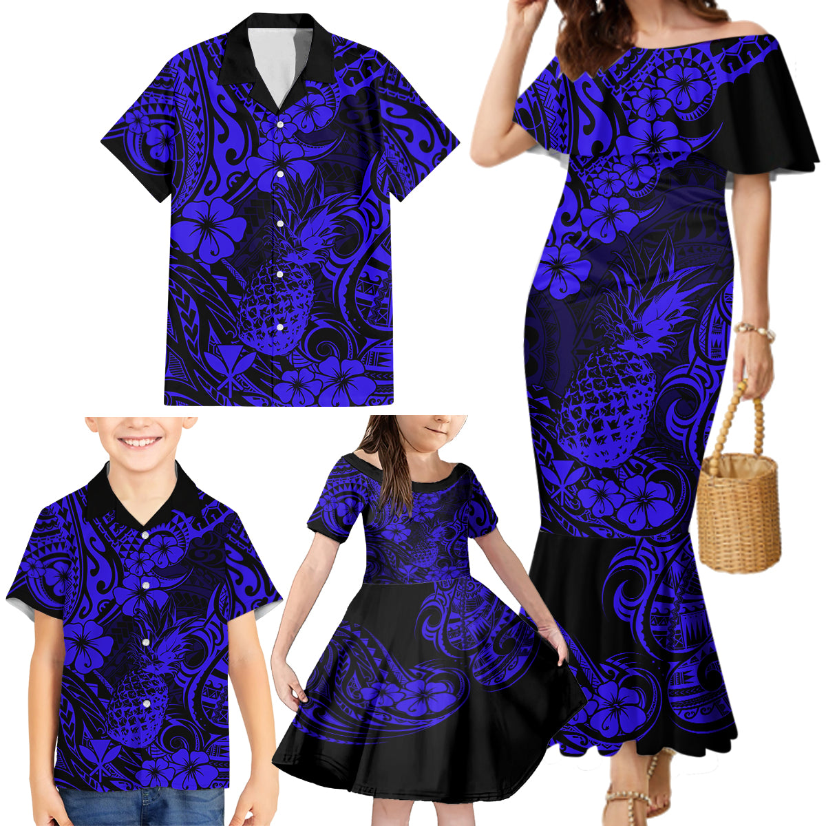 Hawaii Pineapple Family Matching Mermaid Dress and Hawaiian Shirt Paradise Flowers Pacific With Navy Blue Polynesian Tribal LT01 - Polynesian Pride