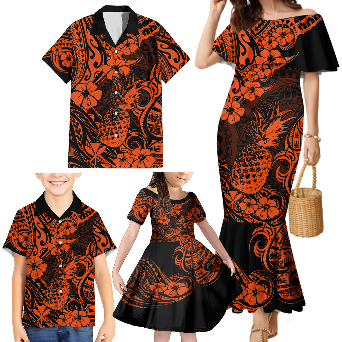 Hawaii Pineapple Family Matching Mermaid Dress and Hawaiian Shirt Paradise Flowers Pacific With Orange Polynesian Tribal LT01 - Polynesian Pride