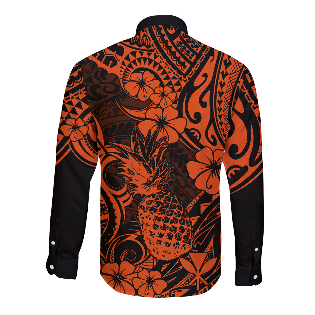 Hawaii Pineapple Long Sleeve Button Shirt Paradise Flowers Pacific With Orange Polynesian Tribal LT01 - Polynesian Pride