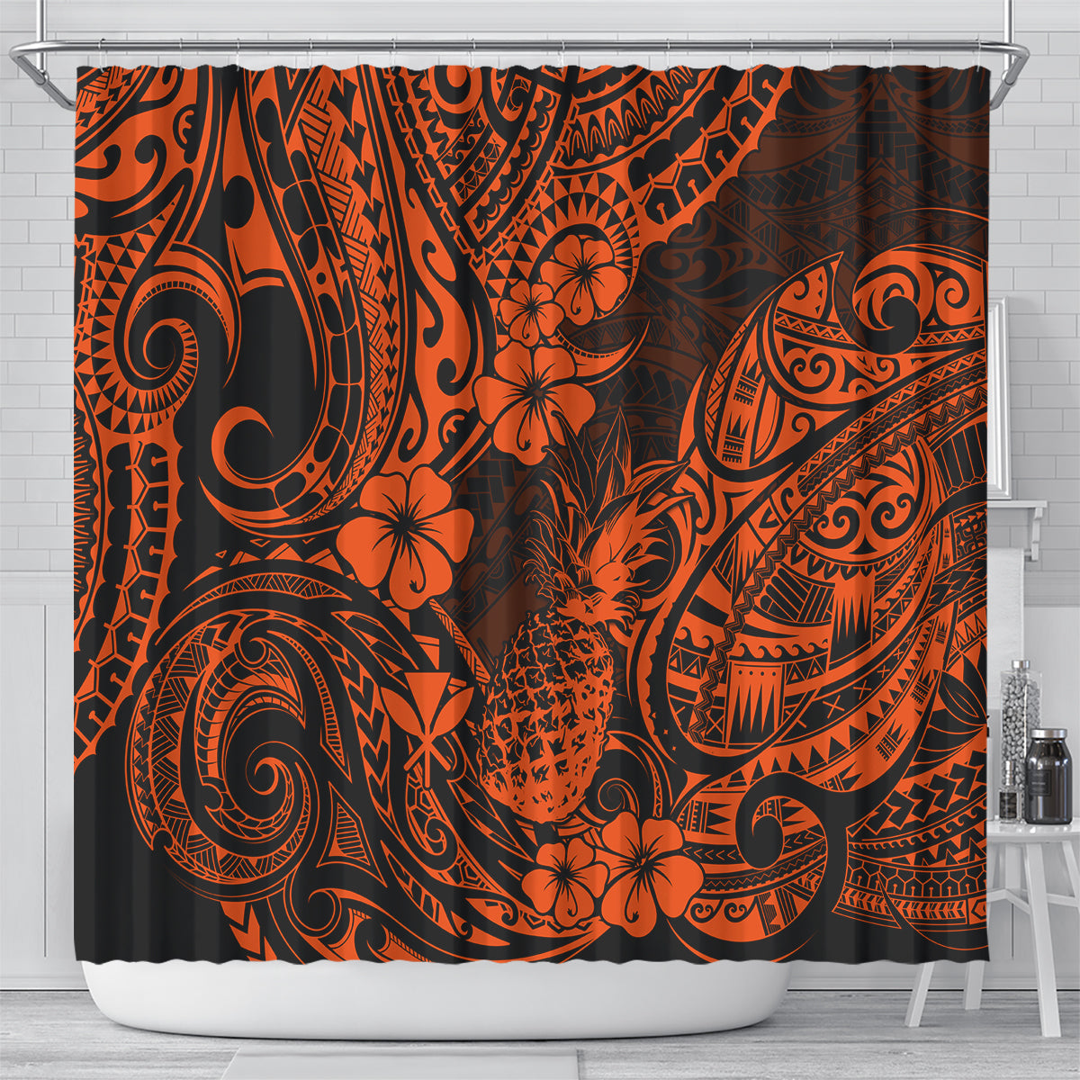 Hawaii Pineapple Shower Curtain Paradise Flowers Pacific With Orange Polynesian Tribal LT01 - Polynesian Pride