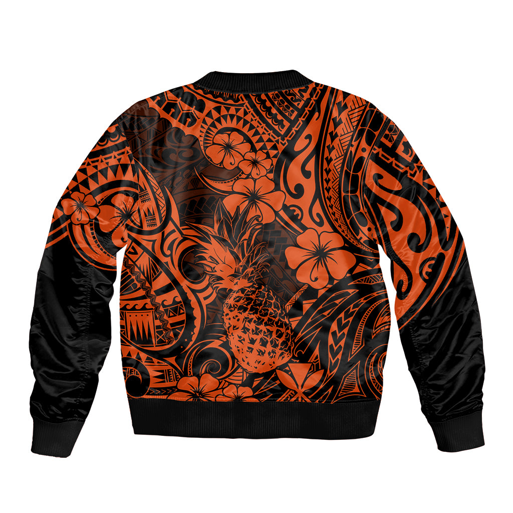 Hawaii Pineapple Sleeve Zip Bomber Jacket Paradise Flowers Pacific With Orange Polynesian Tribal LT01 - Polynesian Pride