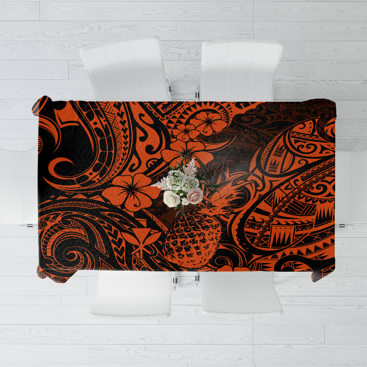 Hawaii Pineapple Tablecloth Paradise Flowers Pacific With Orange Polynesian Tribal LT01 Orange - Polynesian Pride