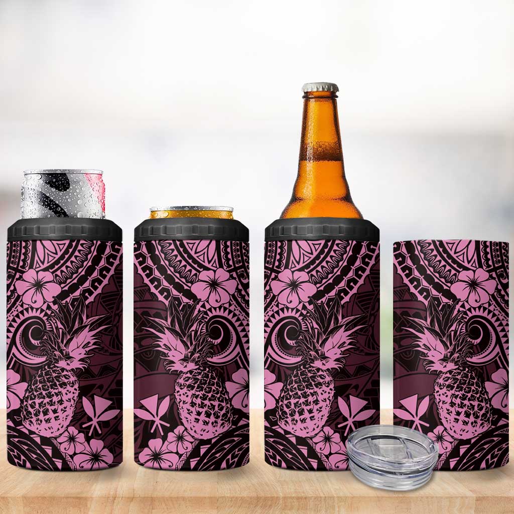 Hawaii Pineapple 4 in 1 Can Cooler Tumbler Paradise Flowers Pacific With Pink Polynesian Tribal LT01 - Polynesian Pride