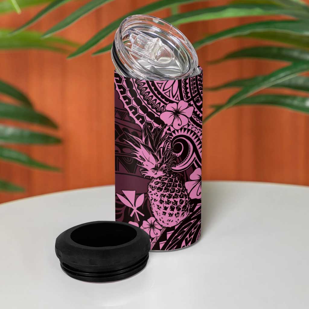 Hawaii Pineapple 4 in 1 Can Cooler Tumbler Paradise Flowers Pacific With Pink Polynesian Tribal LT01 - Polynesian Pride