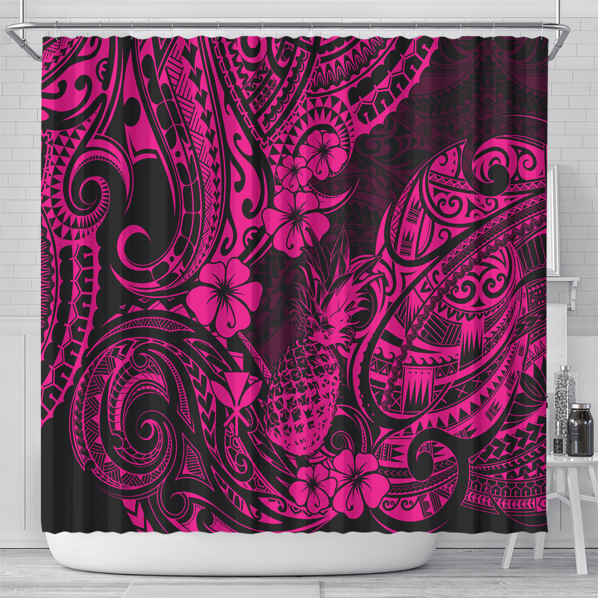 Hawaii Pineapple Shower Curtain Paradise Flowers Pacific With Pink Polynesian Tribal LT01 - Polynesian Pride