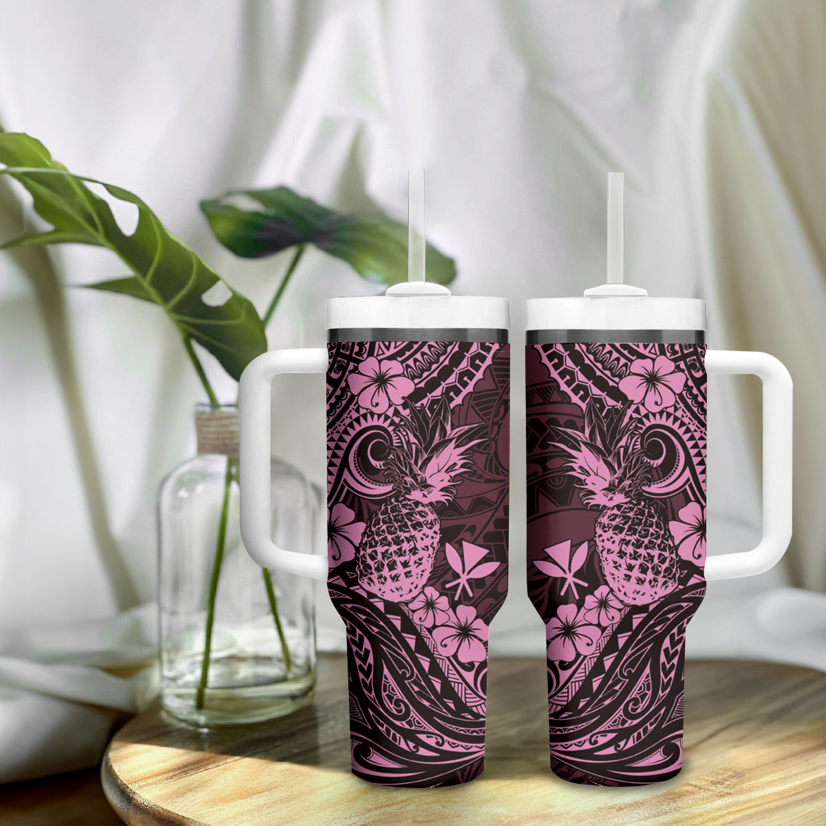 Hawaii Pineapple Tumbler With Handle Paradise Flowers Pacific With Pink Polynesian Tribal LT01 - Polynesian Pride
