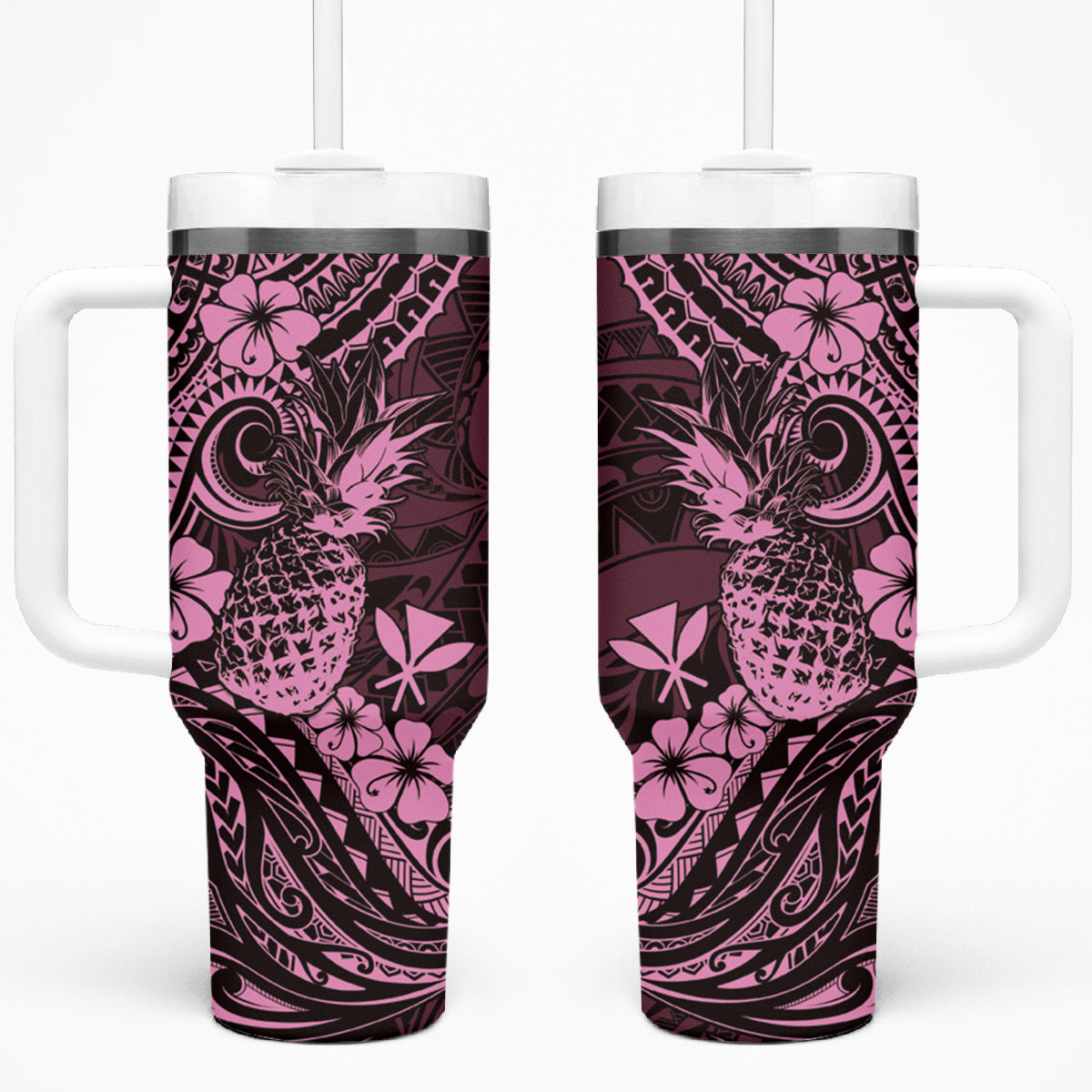 Hawaii Pineapple Tumbler With Handle Paradise Flowers Pacific With Pink Polynesian Tribal LT01 One Size: 40 oz Pink - Polynesian Pride
