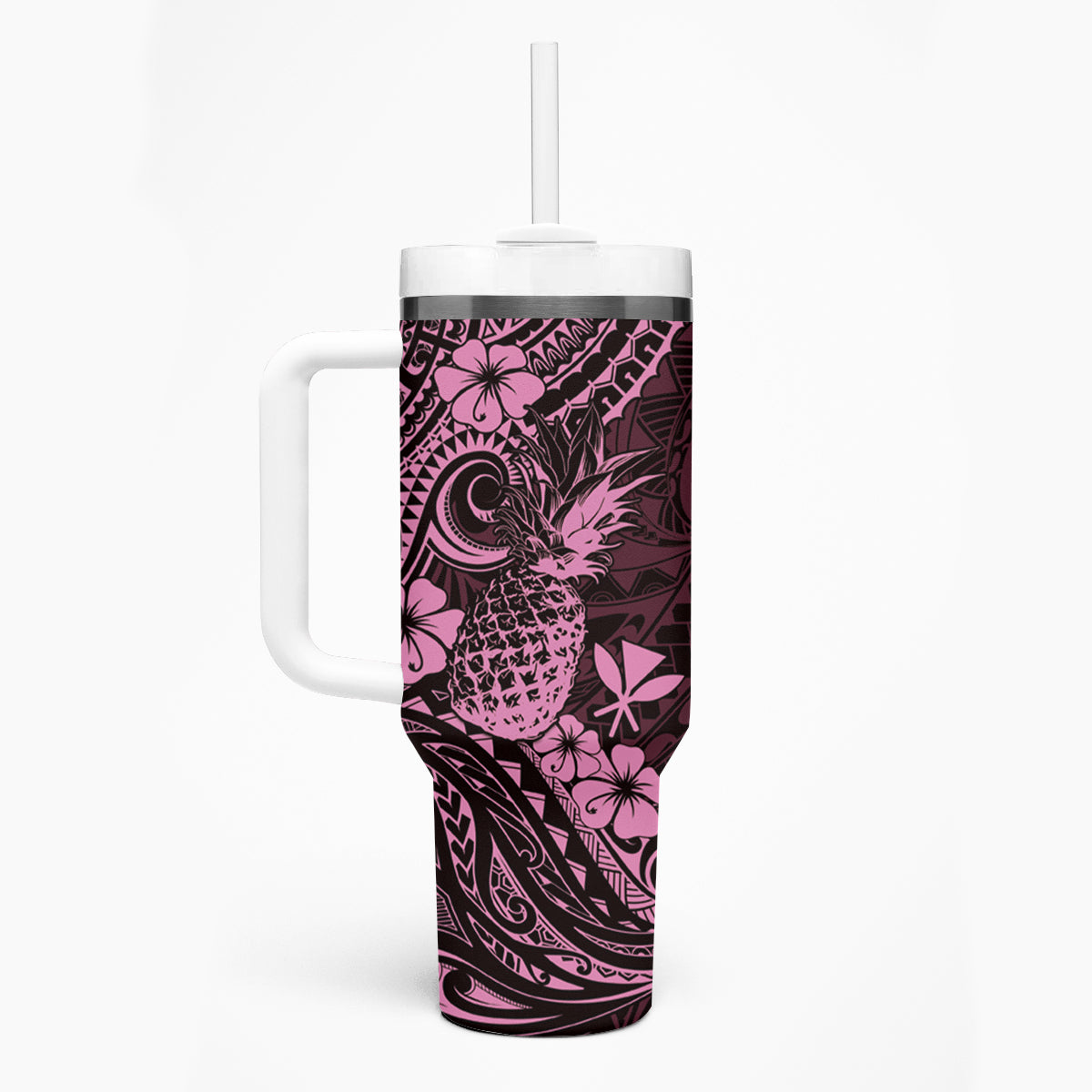 Hawaii Pineapple Tumbler With Handle Paradise Flowers Pacific With Pink Polynesian Tribal LT01 - Polynesian Pride