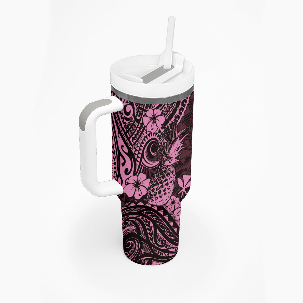 Hawaii Pineapple Tumbler With Handle Paradise Flowers Pacific With Pink Polynesian Tribal LT01 - Polynesian Pride
