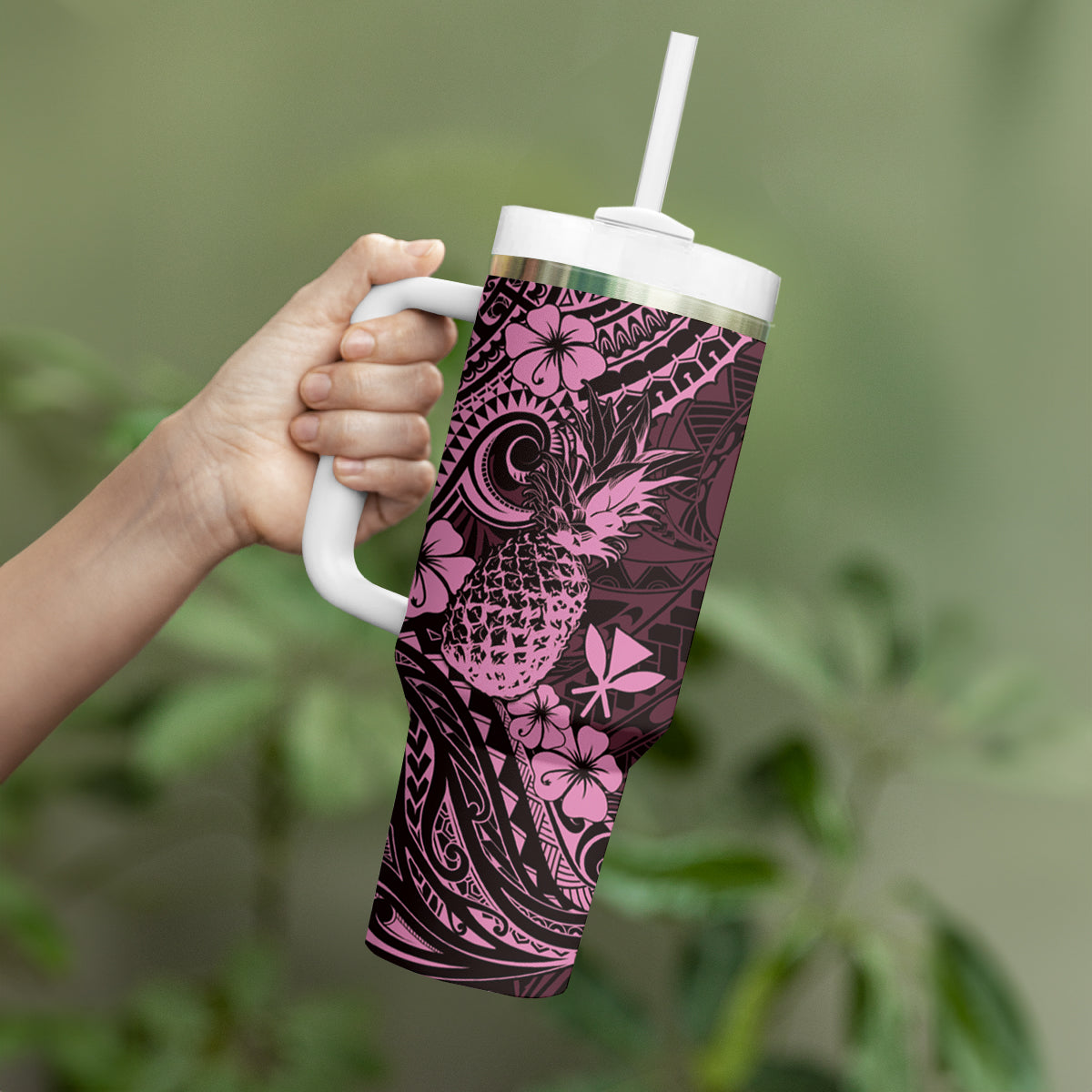Hawaii Pineapple Tumbler With Handle Paradise Flowers Pacific With Pink Polynesian Tribal LT01 - Polynesian Pride
