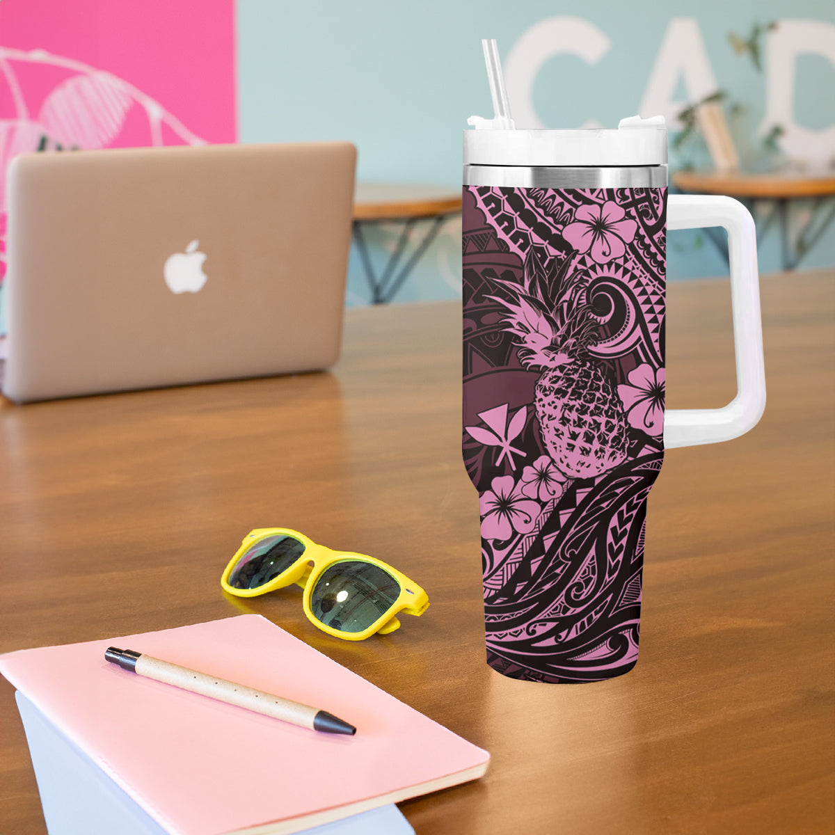 Hawaii Pineapple Tumbler With Handle Paradise Flowers Pacific With Pink Polynesian Tribal LT01 - Polynesian Pride