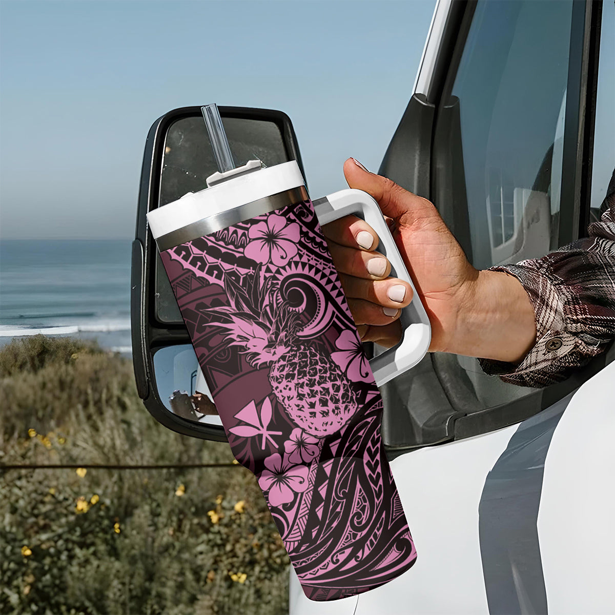 Hawaii Pineapple Tumbler With Handle Paradise Flowers Pacific With Pink Polynesian Tribal LT01 - Polynesian Pride