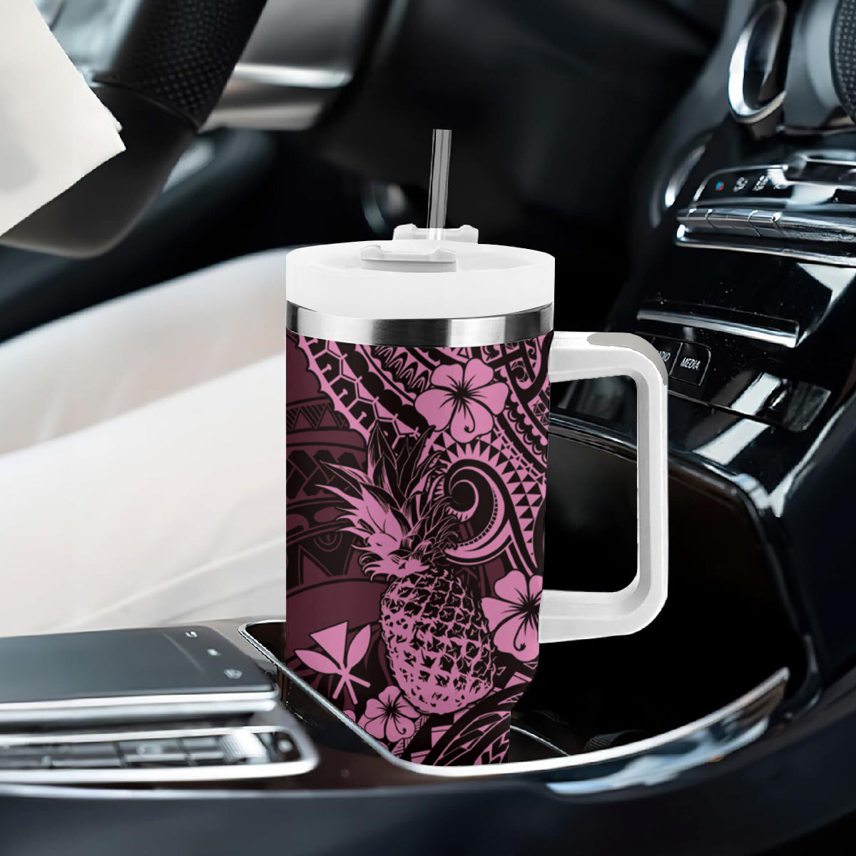 Hawaii Pineapple Tumbler With Handle Paradise Flowers Pacific With Pink Polynesian Tribal LT01 - Polynesian Pride