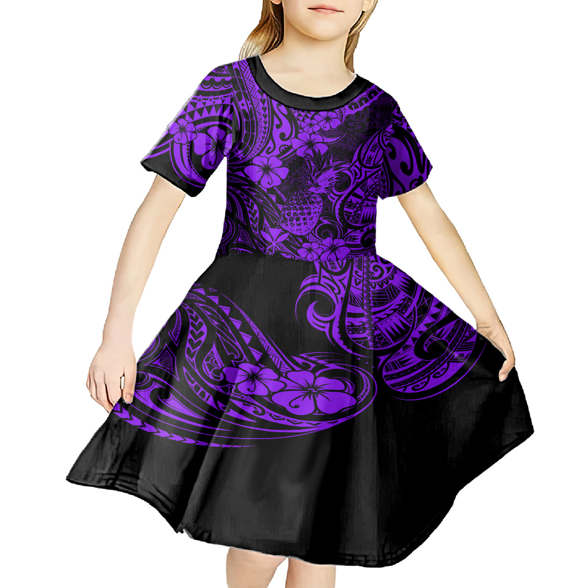 Hawaii Pineapple Kid Short Sleeve Dress Polynesian Pattern Purple Version LT01 - Polynesian Pride