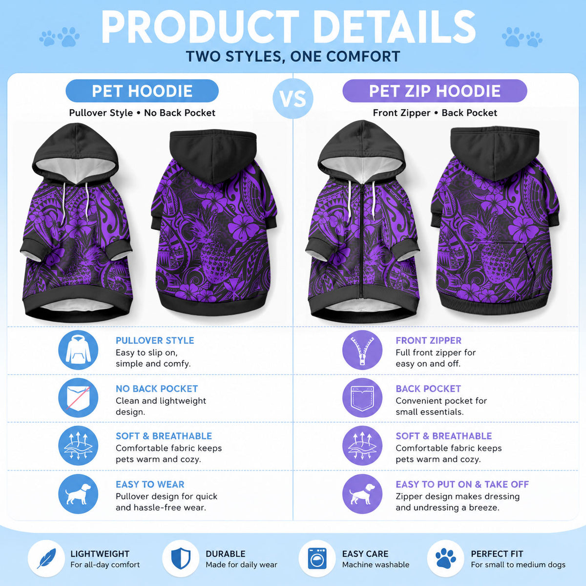 Hawaii Pineapple Pet Hoodie Polynesian Pattern Purple Version