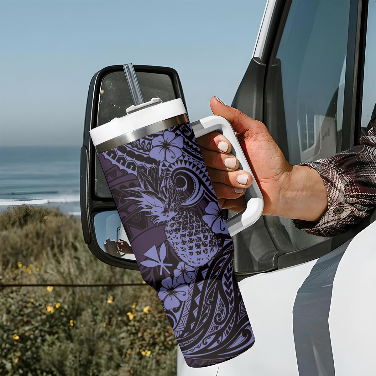 Hawaii Pineapple Tumbler With Handle Polynesian Pattern Purple Version LT01 - Polynesian Pride