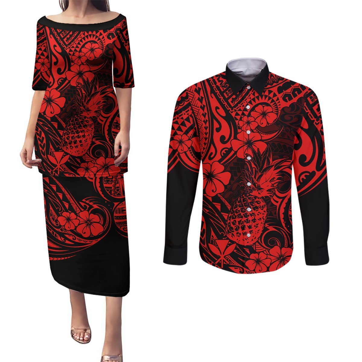 Hawaii Pineapple Couples Matching Puletasi Dress and Long Sleeve Button Shirts Polynesian Pattern Red Version LT01 Red - Polynesian Pride