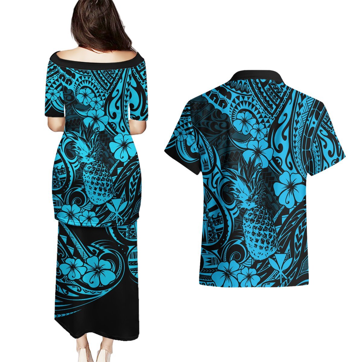 Hawaii Pineapple Couples Matching Puletasi Dress and Hawaiian Shirt Polynesian Pattern Sky Blue Version LT01 - Polynesian Pride
