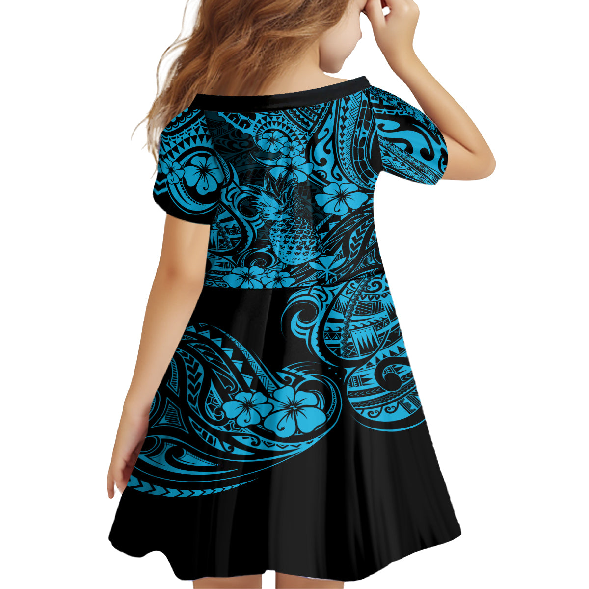 Hawaii Pineapple Kid Short Sleeve Dress Polynesian Pattern Sky Blue Version LT01 - Polynesian Pride