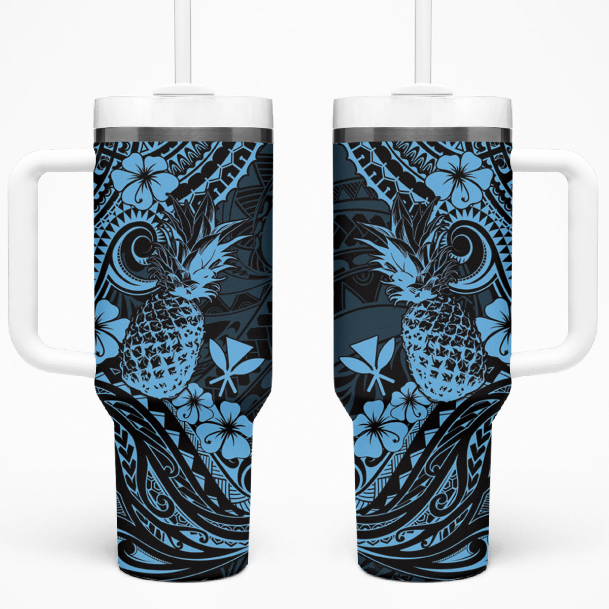 Hawaii Pineapple Tumbler With Handle Polynesian Pattern Sky Blue Version LT01 One Size: 40 oz Blue - Polynesian Pride