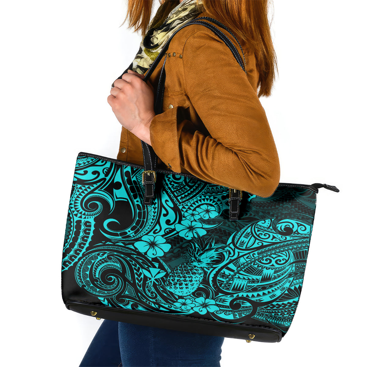 Hawaii Pineapple Leather Tote Bag Polynesian Pattern Turquoise Version LT01 Turquoise - Polynesian Pride