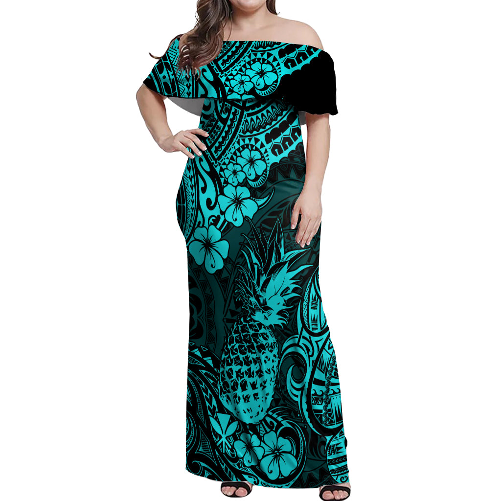 Hawaii Pineapple Off Shoulder Maxi Dress Polynesian Pattern Turquoise Version LT01 Women Turquoise - Polynesian Pride