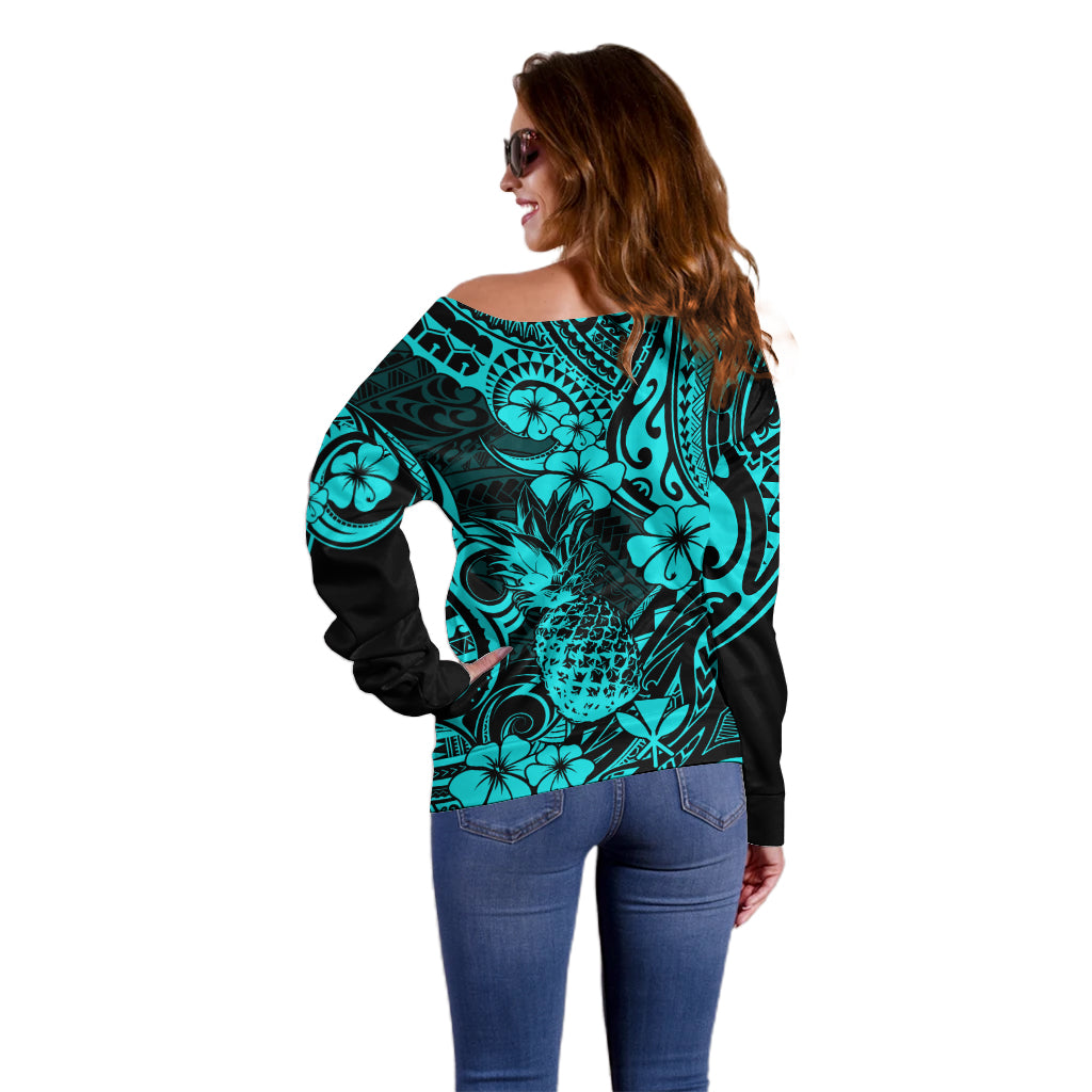 Hawaii Pineapple Off Shoulder Sweater Polynesian Pattern Turquoise Version LT01 - Polynesian Pride