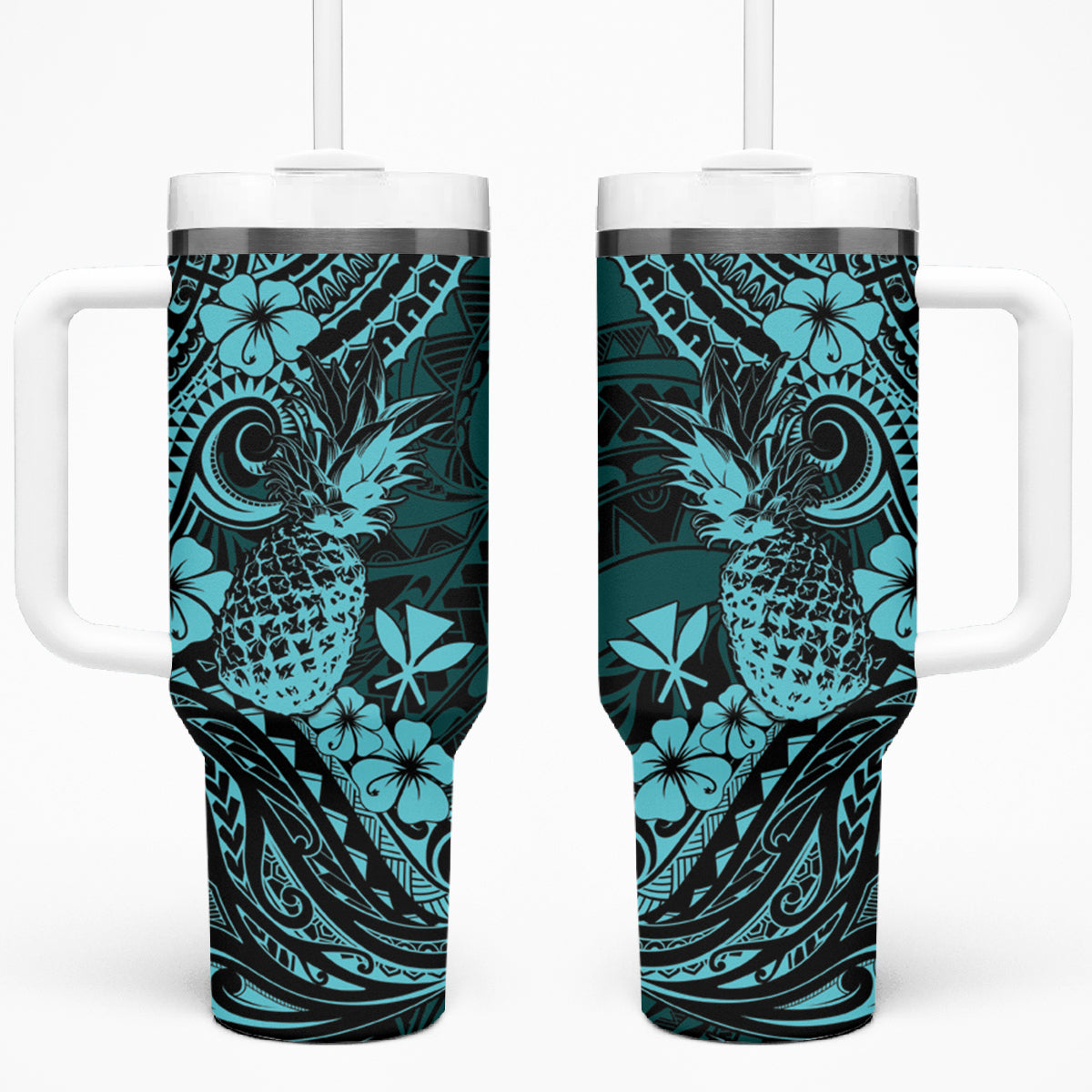 Hawaii Pineapple Tumbler With Handle Polynesian Pattern Turquoise Version LT01 One Size: 40 oz Turquoise - Polynesian Pride