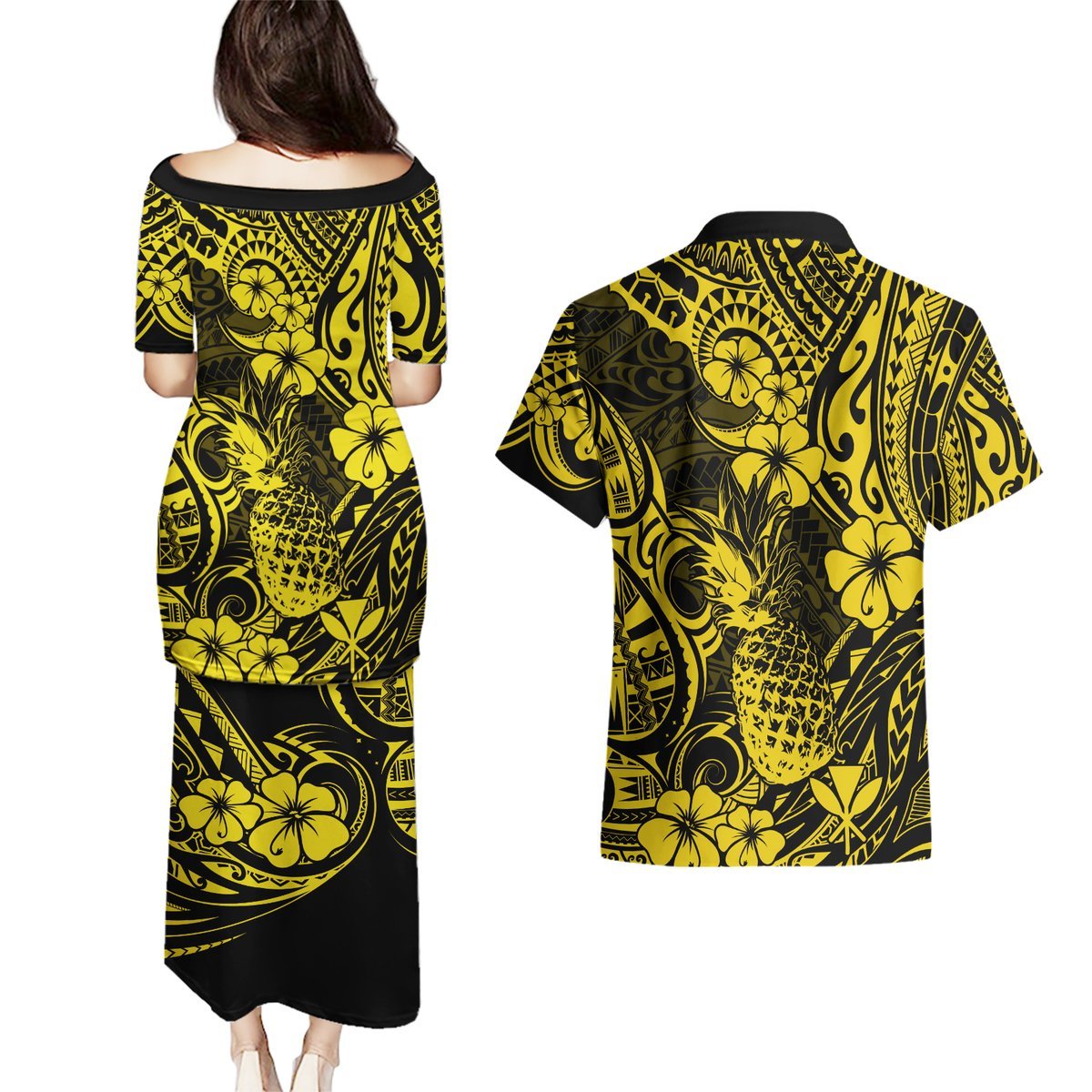 Hawaii Pineapple Couples Matching Puletasi Dress and Hawaiian Shirt Polynesian Pattern Yellow Version LT01 - Polynesian Pride