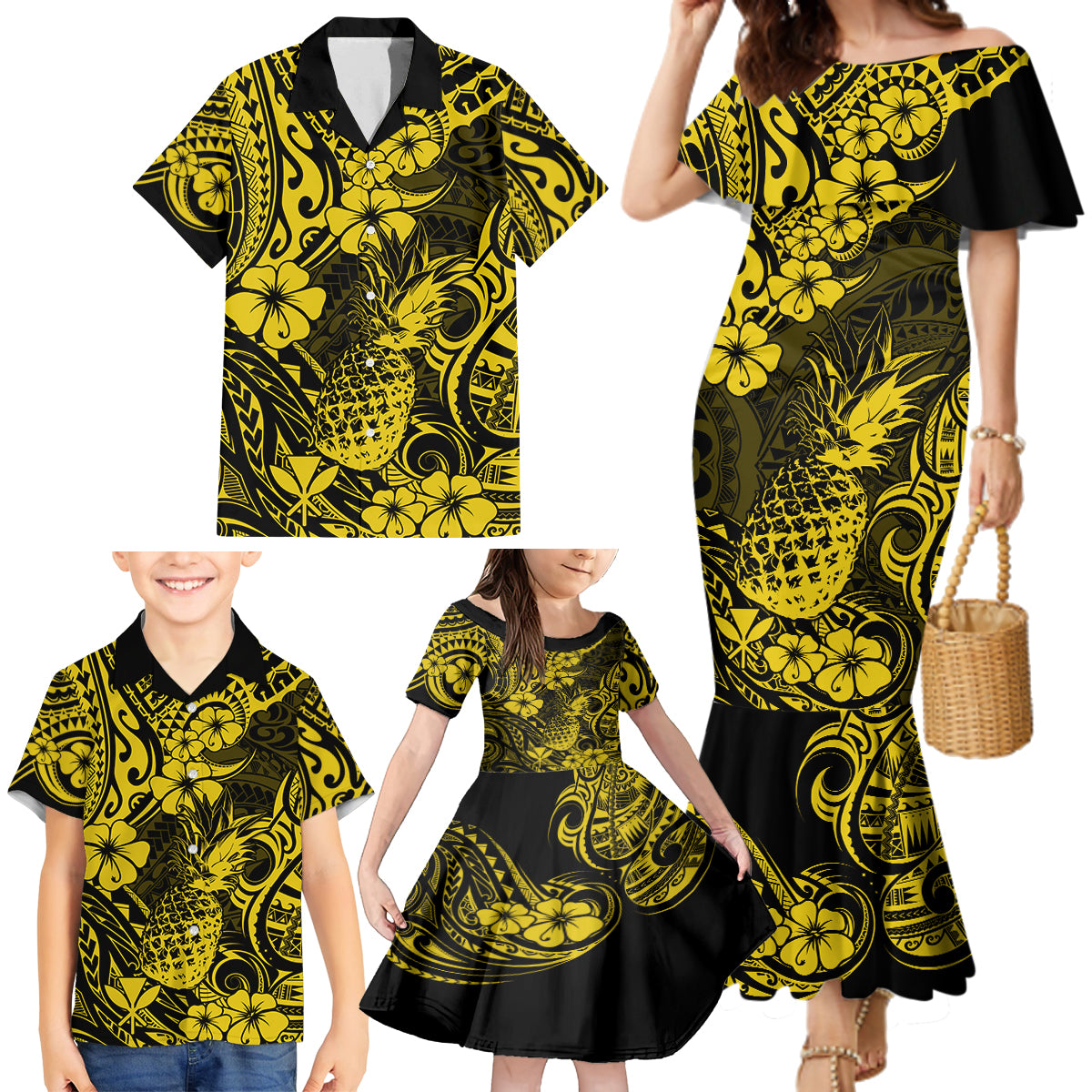 Hawaii Pineapple Family Matching Mermaid Dress and Hawaiian Shirt Polynesian Pattern Yellow Version LT01 - Polynesian Pride