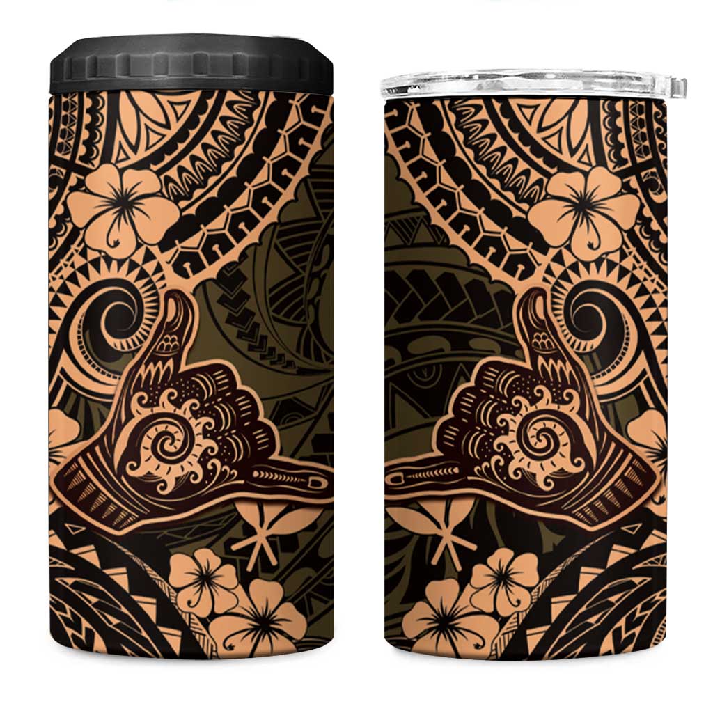 Hawaii Shaka Sign 4 in 1 Can Cooler Tumbler With Polynesian Hibiscus Gold Unique LT01 One Size: 16 oz Gold - Polynesian Pride
