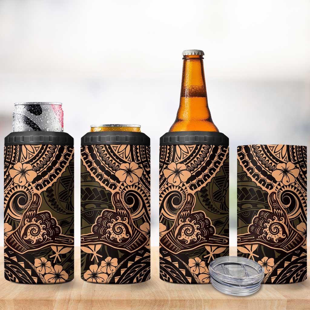 Hawaii Shaka Sign 4 in 1 Can Cooler Tumbler With Polynesian Hibiscus Gold Unique LT01 - Polynesian Pride