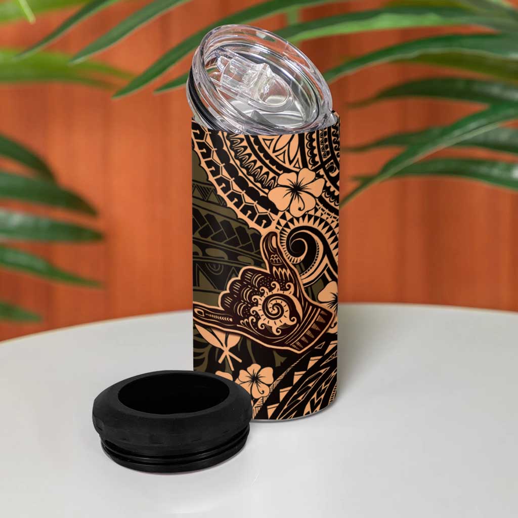Hawaii Shaka Sign 4 in 1 Can Cooler Tumbler With Polynesian Hibiscus Gold Unique LT01 - Polynesian Pride