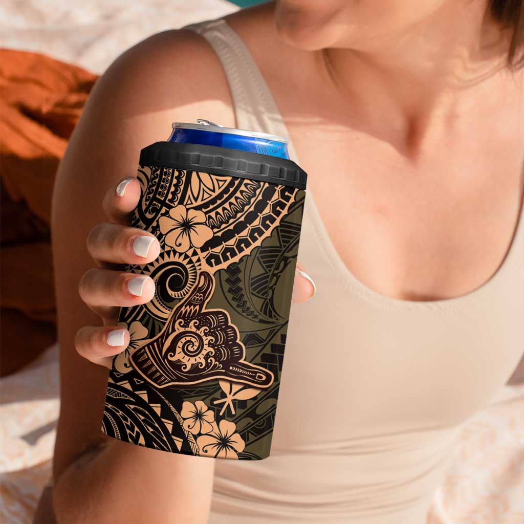 Hawaii Shaka Sign 4 in 1 Can Cooler Tumbler With Polynesian Hibiscus Gold Unique LT01 - Polynesian Pride