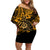 Hawaii Shaka Sign Off Shoulder Short Dress With Polynesian Hibiscus Gold Unique LT01 Women Gold - Polynesian Pride