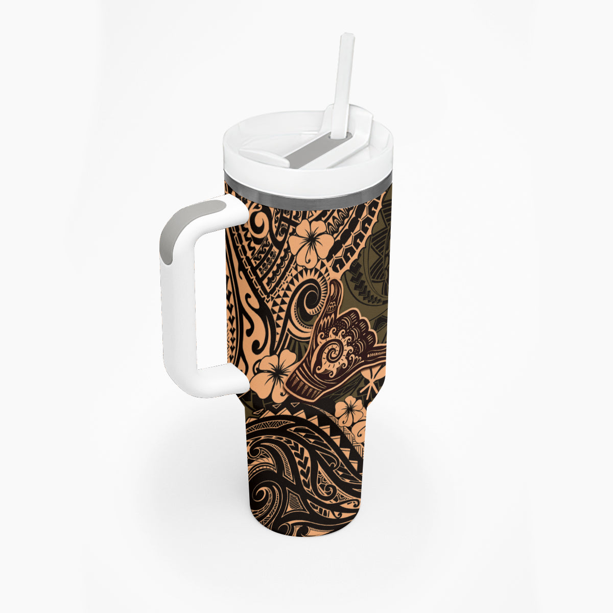 Hawaii Shaka Sign Tumbler With Handle With Polynesian Hibiscus Gold Unique LT01 - Polynesian Pride
