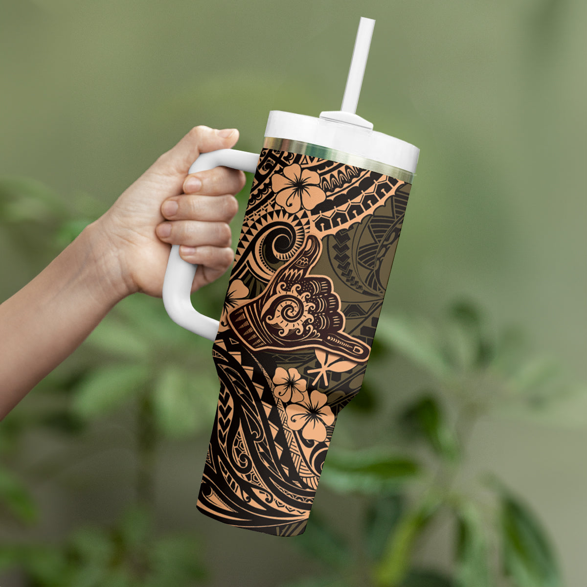 Hawaii Shaka Sign Tumbler With Handle With Polynesian Hibiscus Gold Unique LT01 - Polynesian Pride