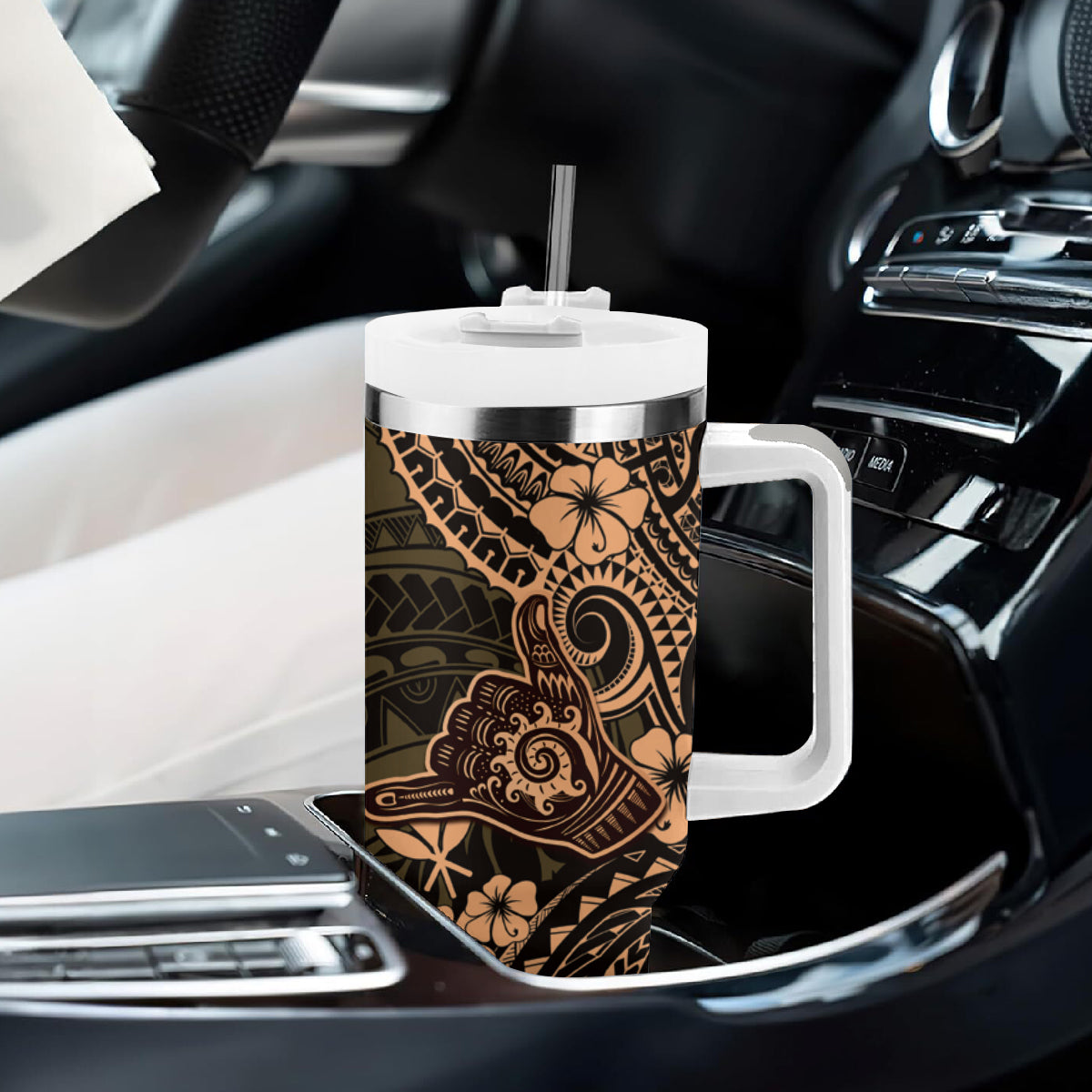 Hawaii Shaka Sign Tumbler With Handle With Polynesian Hibiscus Gold Unique LT01 - Polynesian Pride
